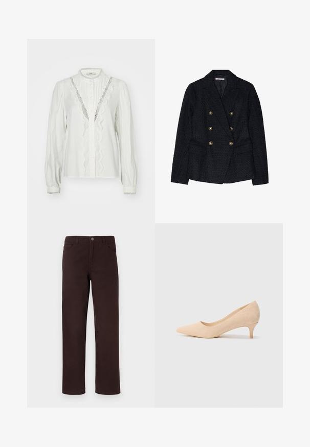 Schwarzer doppelt geknöpfter Blazer aus strukturiertem Stoff, mit zwei Fronttaschen und goldfarbenen Knopfakzenten.; Weiße Bluse mit gerafften Ärmeln, vertikalen Falten und Spitzenbesatz entlang der Knopfleiste. Verfügt über einen Knopfverschluss und dekorative Manschetten.; Braune Baumwollhosen im gerade geschnittenen Design, mit zwei Fronttaschen und einer Knopfverschlussschnalle am Taillenbund. Glatte Textur ohne sichtbare Muster.; Beige Wildleder-Pumps mit hohen Absätzen, spitzer Zehenform und einem schlanken, 5 cm hohen Absatz. Glatte Textur mit minimaler Detailgestaltung auf der Oberfläche.
