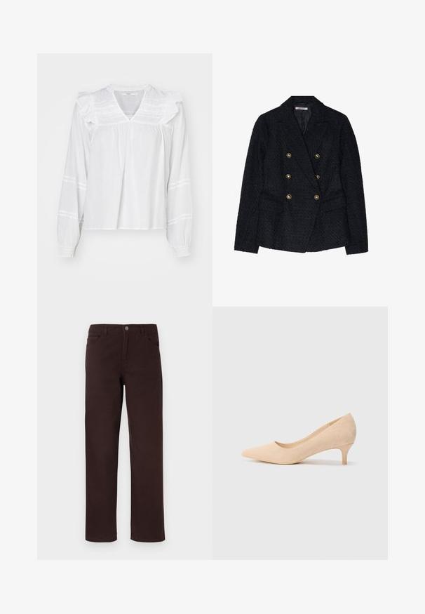 Blazer negro de doble botonadura con un tejido texturizado, que cuenta con dos bolsillos delanteros y detalles de botones en tono dorado.; Blusa blanca de manga larga con detalles de volantes en los hombros, escote en V y puños fruncidos. Presenta rayas horizontales a lo largo de las mangas.; Pantalones de algodón marrón con un diseño de pierna recta, dos bolsillos frontales y un cierre de botón en la cintura. Textura suave sin patrones visibles.; Zapato de tacón alto de ante beige con punta afilada y tacón delgado de 5 centímetros. Textura suave con un detalle mínimo en la superficie superior.