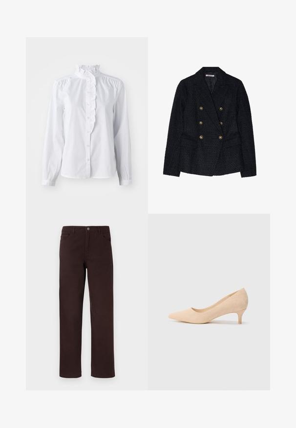 Blazer negro de doble botonadura con un tejido texturizado, que cuenta con dos bolsillos delanteros y detalles de botones en tono dorado.; Camisa blanca de botones con mangas largas, cuello alto fruncido y acento de volantes verticales por el frente. Tejido de algodón ligero.; Pantalones de algodón marrón con un diseño de pierna recta, dos bolsillos frontales y un cierre de botón en la cintura. Textura suave sin patrones visibles.; Zapato de tacón alto de ante beige con punta afilada y tacón delgado de 5 centímetros. Textura suave con un detalle mínimo en la superficie superior.
