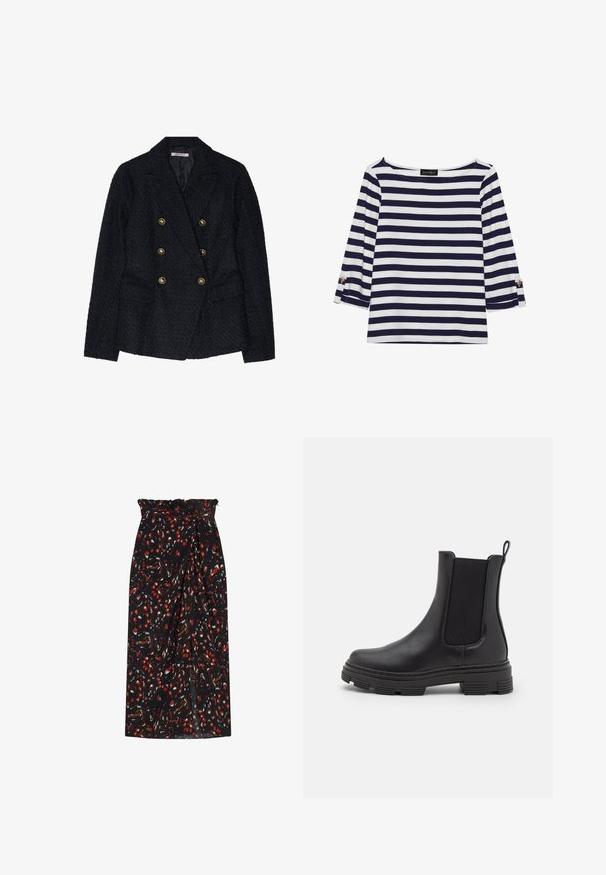 Blazer noir à double boutonnage avec un tissu texturé, comportant deux poches avant et des accents de boutons dorés.; Haut rayé bleu marine et blanc à manches longues avec un col bateau et des accents de boutons dorés sur les manches retroussées. Tissu doux, coupe décontractée.; Jupe noire avec un motif floral multicolore en rouge, blanc et marron. Présente une taille froncée et une silhouette droite.; Botte en cuir noir à la cheville avec des panneaux latéraux élastiques, bout rond et semelle en caoutchouc texturé. Elle dispose d'une poignée à l'arrière pour un enfilage facile.