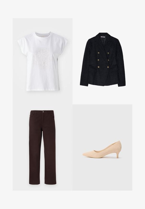 Schwarzer doppelt geknöpfter Blazer aus strukturiertem Stoff, mit zwei Fronttaschen und goldfarbenen Knopfakzenten.; Weißes Baumwoll-T-Shirt mit kurzen Ärmeln, verziert mit erhabenen Text "PEPE JEANS LONDON SINCE 1973" in kleinen, glitzernden Nieten auf der Vorderseite.; Braune Baumwollhosen im gerade geschnittenen Design, mit zwei Fronttaschen und einer Knopfverschlussschnalle am Taillenbund. Glatte Textur ohne sichtbare Muster.; Beige Wildleder-Pumps mit hohen Absätzen, spitzer Zehenform und einem schlanken, 5 cm hohen Absatz. Glatte Textur mit minimaler Detailgestaltung auf der Oberfläche.
