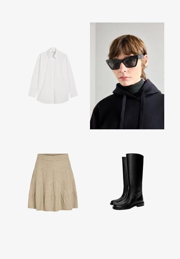 Schwarzer Blazer von PIECES, mit Reverskragen, zwei Fronttaschen und zwei Knopfverschluss, aus glattem Stoff gefertigt.; Beiger Wollmischung Cardigan mit rundem Ausschnitt, vorderem Knopfverschluss, langen Ärmeln und geripptem Saum. Weiche Textur und minimalistische Designdetails.; Weiße Langarm-Hemdbluse mit spitzen Kragen und einer einzelnen Brusttasche, auf einem weißen Hintergrund flach ausgelegt.; Ein kurzer, beigefarbener Rock aus einem weichen, strukturierten Stoff mit einem gerippten Bund und leichtem Faltenwurf nahe dem Saum.; Schwarze knielange Lederstiefel mit glatter Textur, runder Zehenform, flacher Sohle und minimalistischem Design, mit genähten Nähten und ohne sichtbare Beschläge.; Schwarze Cat-Eye-Sonnenbrille mit dunklen Gläsern, die ein auffälliges, kantiges Design aufweist. Hergestellt aus glattem Kunststoff mit glänzender Oberfläche und Logo-Details.; Schwarze Lederhandtasche mit strukturiertem Finish, strukturiertem Design, doppelten Griffen und abnehmbarem Schultergurt. Akzente aus goldfarbenem Metall.