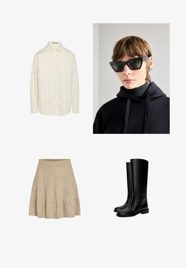 Schwarzer Blazer von PIECES, mit Reverskragen, zwei Fronttaschen und zwei Knopfverschluss, aus glattem Stoff gefertigt.; Beiger Wollmischung Cardigan mit rundem Ausschnitt, vorderem Knopfverschluss, langen Ärmeln und geripptem Saum. Weiche Textur und minimalistische Designdetails.; Cremfarbendes Langarmhemd mit vertikalen dunkelblauen Streifen, Button-Down-Kragen und geradem Saum. Hergestellt aus leichtem Stoff mit glatter Textur.; Ein kurzer, beigefarbener Rock aus einem weichen, strukturierten Stoff mit einem gerippten Bund und leichtem Faltenwurf nahe dem Saum.; Schwarze knielange Lederstiefel mit glatter Textur, runder Zehenform, flacher Sohle und minimalistischem Design, mit genähten Nähten und ohne sichtbare Beschläge.; Schwarze Cat-Eye-Sonnenbrille mit dunklen Gläsern, die ein auffälliges, kantiges Design aufweist. Hergestellt aus glattem Kunststoff mit glänzender Oberfläche und Logo-Details.; Schwarze Lederhandtasche mit strukturiertem Finish, strukturiertem Design, doppelten Griffen und abnehmbarem Schultergurt. Akzente aus goldfarbenem Metall.