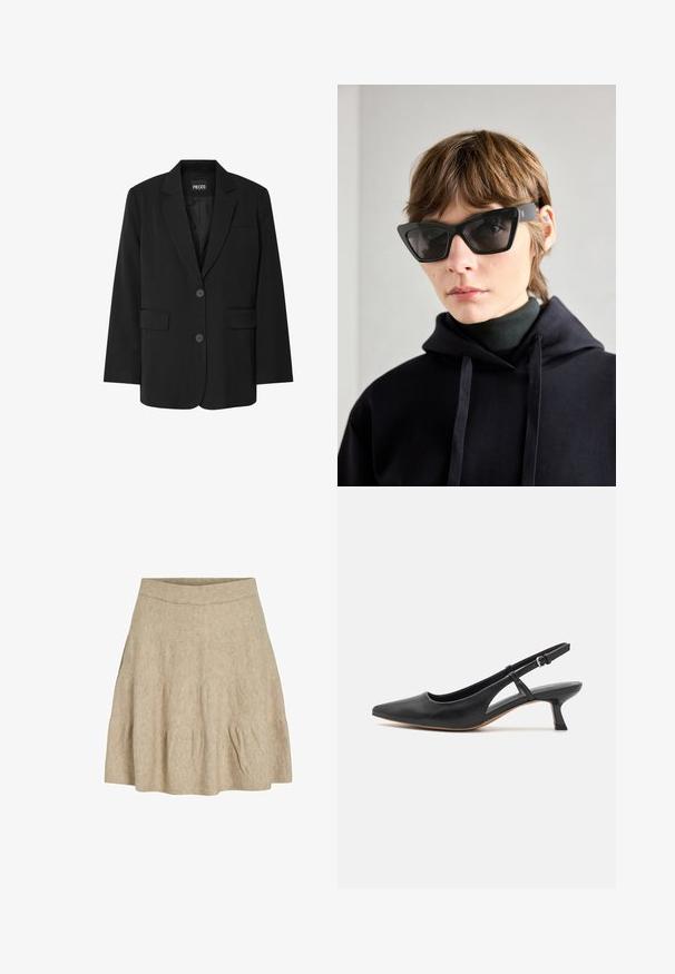 Crni blejzer marke PIECES sa oštrim ovratnikom, dva prednja džepa i zatvaranjem na dva dugmeta, napravljen od glatke tkanine.; Bež kardigan od vune s okruglim izrezom, prednjim kopčanjem na dugmad, dugim rukavima i rebrastim rubom. Mekana tekstura i minimalni dizajn.; Bijela majica dugih rukava od mekog, glatkog materijala. Sadrži okrugli izrez i uski kroj s minimalnim detaljima šivanja.; Kratka, bež suknja izrađena od mekog, teksturiranog materijala s rebrastim pojasom i laganim nabranjima blizu rubа.; Crne kožne cipele s otvorenom petom, šiljastog vrha, niskom blok petom, izrezanom bočnom detaljnom, i podesivom trakom oko gležnja. Glatka tekstura po cijeloj cipeli.; Crne mačje sunčane naočale s tamnim staklima, koje imaju odvažan kutni dizajn. Izrađene od glatke plastike s sjajnim završnim obradom i logotipom.; Crna kožna torba s teksturiranom površinom, strukturnog oblika, s dvostrukim ručkama i odvojivim remenom za rame. Akcenti u zlatnoj boji.