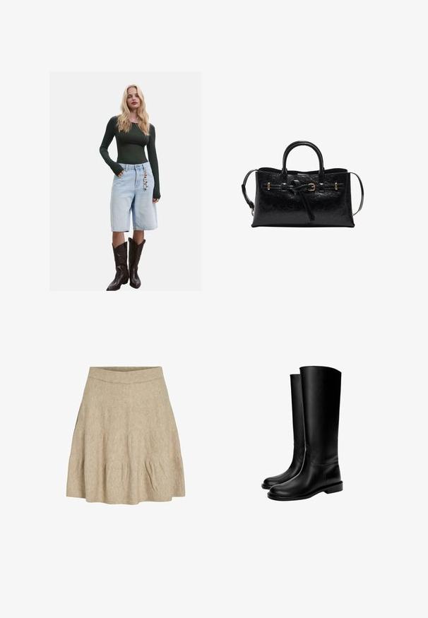 Sort blazer fra PIECES med reverskrave, to frontlommer og to knaplukninger, lavet af glat stof.; Tan uldblandings cardigan med rund halsudskæring, frontknaplukning, lange ærmer og ribkant. Blød tekstur og minimale design detaljer.; Langærmet mørkegrøn top parret med lyseblå denim bermudashorts og brune cowboy støvler, med et dekorativt vedhæng på shortsene.; En kort, beige nederdel lavet af et blødt, tekstureret stof med en ribbet talje og let plissering nær kanten.; Sorte knæhøje læderstøvler med en glat tekstur, rund tå, flad sål og minimalistisk design, der har syede sømme og ingen synlige metaldele.; Sort læderhåndtaske med en struktureret form, tekstureret overflade, dobbelte håndtag og en aftagelig skulderrem. Guldtonet hardware detaljer.