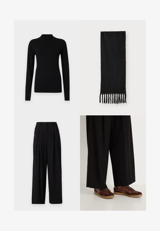 Blazer marron à double boutonnage avec des boutons noirs, revers en creux, manches longues et trois poches avant, posé à plat sur un fond blanc.; Un pull à col roulé noir en tissu lisse et léger. Il présente des manches longues et des poignets ajustés, avec une texture côtelée à l'ourlet.; Pantalons larges noirs en tissu lisse, dotés d'une taille haute, de plis à l'avant et d'une silhouette fluide.; Baskets marron avec un design en matériaux mélangés, des accents en daim et imprimé serpent, bout rond, fermeture à lacets et semelles en caoutchouc texturées.; Écharpe noire en tissu doux avec une texture lisse, présentant des extrémités à franges nouées et une forme rectangulaire.; Ensemble de douze boucles d'oreilles créoles en tons argent et or. Comprend des designs torsadés, lisses et texturés avec différentes tailles et finitions.