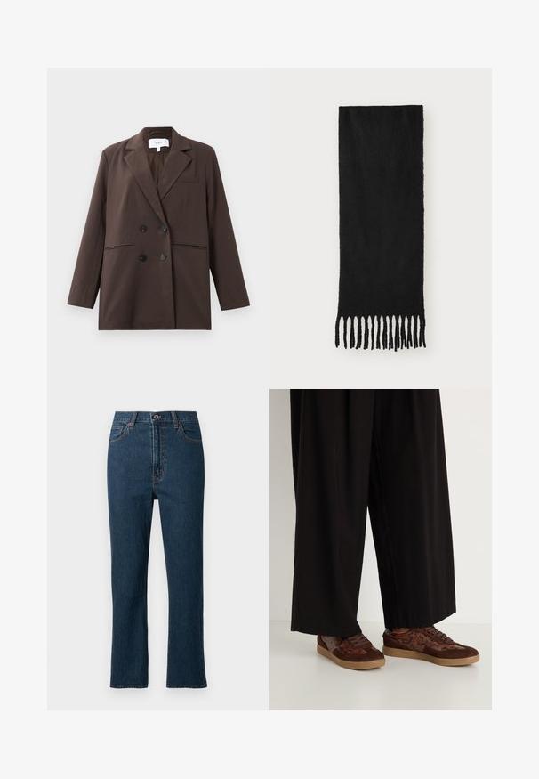 Blazer marrón de doble botonadura con botones negros, solapas de muesca, mangas largas y tres bolsillos frontales, colocado plano sobre un fondo blanco.; Top marrón sin mangas hecho de un tejido suave, presenta hombros fruncidos y detalles fruncidos en los laterales, cuello sin costuras y una silueta ajustada.; Jeans de mezclilla azul oscuro con corte recto, que presentan un cierre de botón, cinco bolsillos y costuras en contraste. Textura suave.; Zapatillas marrones con un diseño de materiales mixtos que incluye ante y acentos de estampado de serpiente, puntera redonda, cierre con cordones y suelas de goma texturizadas.; Bufanda negra hecha de un tejido suave con una textura lisa, que presenta extremos con flecos anudados y una forma rectangular.; Conjunto de doce pendientes de aro en tonos plateados y dorados. Incluye diseños retorcidos, lisos y texturizados en varios tamaños y acabados.