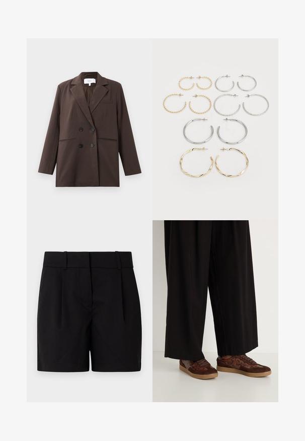 Rjav dvovrstni blejzer s črnimi gumbi, s klasičnim ovratnikom, dolgimi rokavi in tremi sprednjimi žepi, položen ravno na beli podlagi.; Brahk brezrokavni top iz mehkega materiala, ki ima naberene ramena in stranske naborke, brezšiv nadenja in oprijet silhueto.; Črne krojene kratke hlače z ravnim sprednjim delom, dvema pregiboma, pasom z zankami za pas in ravnim robom. Narejene iz gladkega materiala.; Rjave superge z mešanim materialom, ki vključuje še sueden in kačji vzorec, okroglo konico, zavezovanje s čipko in teksturiran gumijast podplat.; Set dvanajstih uhvorov v srebrnih in zlatih odtenkih. Vključuje zvite, gladke in teksturirane modele v različnih velikostih in končnih obdelavah.