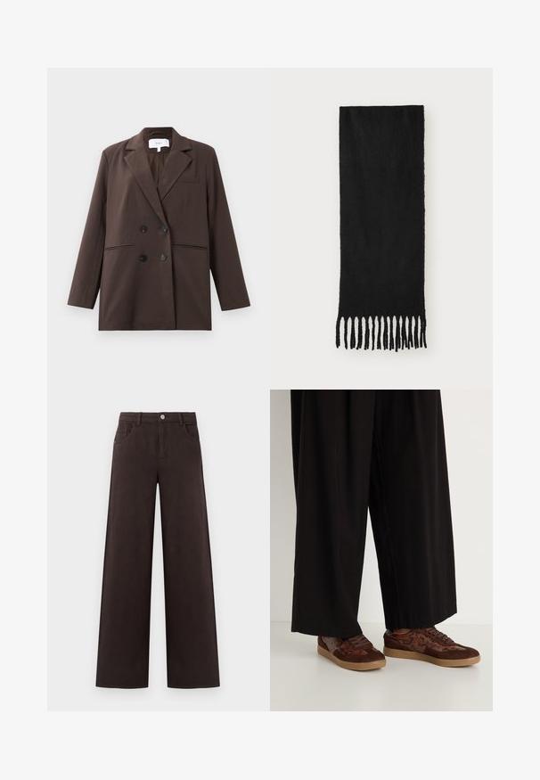 Pruun kahekordne bleiser mustade nööpidega, lõikega krae, pikad varrukad ja kolm esikotit, laotud valgele taustale.; Pruun ilma varrukateta topp, mis on valmistatud pehmest kangast, koos kogutud õlgade ja külgsete rüüditud detailidega, ilma õmbluseta kaelus ja kuuluv siluett.; Laia püksid tumepruunist puuvillast. Omavad nuppude sulgemist ja esipockets, sujuva tekstuuriga ja puhaste joontega.; Pruunid tossud, millel on segamaterjalist disain, sealhulgas samet ja madusid jäljendavad aktsendid, ümar varvas, nööbilukuga kinnitamine ja tekstureeritud kummist tallad.; Musta sall, mis on valmistatud pehmest kangast, millel on sile tekstuur, paeluvate sõlmedega servad ja ristkülikuline kuju.; Kaksitoista rõngaskõrvarõngast hõbe- ja kuldtoonides. Sisaldab keerutatud, siledat ja tekstureeritud disaini erinevates suurustes ja viimistlustes.