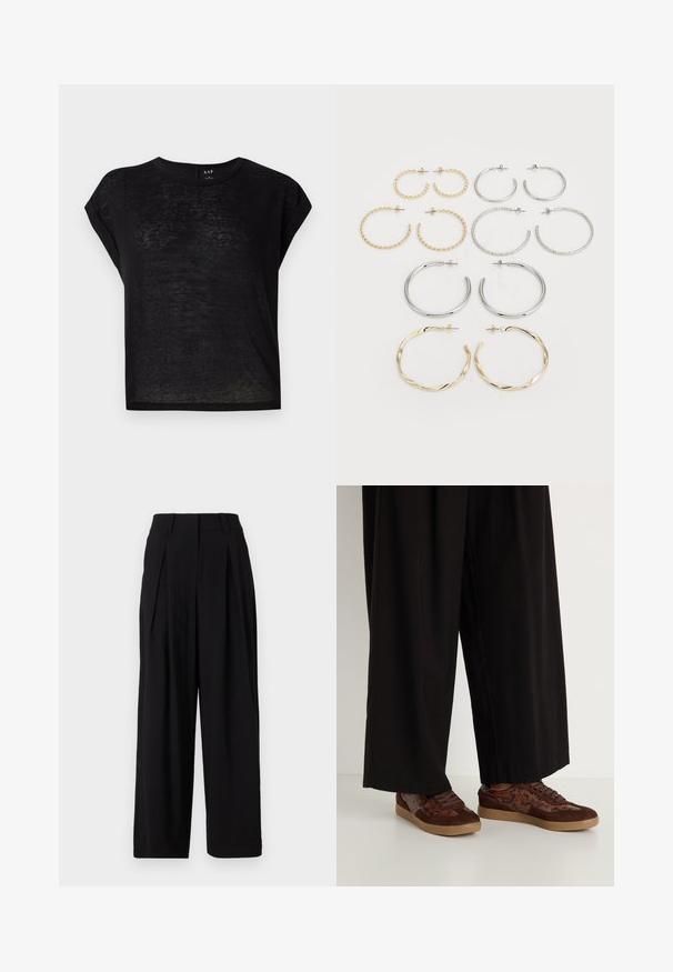 Hnědý dvouřadý sako s černými knoflíky, s klopami, dlouhými rukávy a třemi předními kapsami, položené na bílé pozadí.; Černé tričko s krátkým rukávem a volným střihem. Vyrobeno z lehké, mírně průsvitné látky. Má kulatý výstřih a ohrnuté rukávy.; Černé široké kalhoty vyrobené z hladké tkaniny, s vysokým pasem, sklady vpředu a splývavým siluetou.; Hnědé tenisky s kombinovaným materiálovým designem, obohacené zúženými semišovými a hadím vzorem, kulatou špičkou, šněrováním a texturovanou gumovou podrážkou.; Sada dvanácti náušnic ve tvaru kruhu ve stříbrných a zlatých tónech. Obsahuje zkroucené, hladké a texturované designy v různých velikostech a povrchových úpravách.