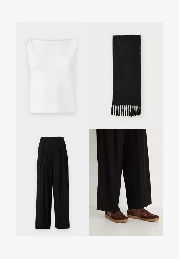 Rudas dvigubas švarkas su juodomis mygtukais, notch tipo atlapais, ilgomis rankovėmis ir trimis priekinių kišenėlių, padėtas ant baltos fono.; Balta be rankovių palaidinė su tiesiu iškirpimu, pagaminta iš lygios medžiagos, turinti prigludusią siluetą ir be matomų metalinių detalių ar raštų.; Juodi platus kelnes, pagamintos iš lygaus audinio, su aukšta juosmens linija, priekine klostele ir laisvu siluetu.; Rudi sportbačiai su mišrių medžiagų dizainu, odos ir gyvatės rašto akcentais, apvalia nosimi, su raišteliais ir tekstūruotais guminiais padais.; Juodas šalikas, pagamintas iš minkštos medžiagos su lygiu tekstūru, su mazginėmis pakraštėmis ir stačiakampio formos.; Dvylikos sidabrinių ir auksinių auskarų su kilpomis rinkinys. Apima sukurtas, lygias ir tekstūruotas formas, turinčias įvairius dydžius ir apdailas.