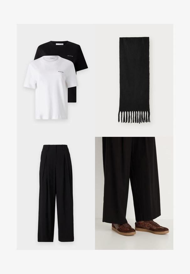 Brūns divrindu žakets ar melniem pogām, ar piegriezuma atlokiem, gariem piedurkņu, un trim priekšējiem kabatām, novietots uz balta fona.; Divi īsajiem piedurknēm T-krekli melnā un baltā krāsā, izgatavoti no kokvilnas. Abiem ir apaļa kakla izgriezne un neliels "SELECTED" logo uz krūtīm.; Melni plaši bikses, izgatavotas no gludas auduma, ar augstu jostasvietu, ar krokām priekšā un plūstošu siluetu.; Brūni sporta apavi ar jauktu materiālu dizainu, kas ietver zamšādu un čūsku rakstu akcentus, noapaļotu purngala daļu, saites aizdari un teksturētām gumijas zolem.; Melns šalle, kas izgatavota no mīksta auduma ar gludu tekstūru, ar mezglotiem frizūras galiem un taisnstūra formu.; Divpadsmit auskaru komplekts ar riņķiem sudraba un zelta tonī. Ietver vītņotus, gludus un teksturētus dizainus ar dažādiem izmēriem un apdares veidiem.