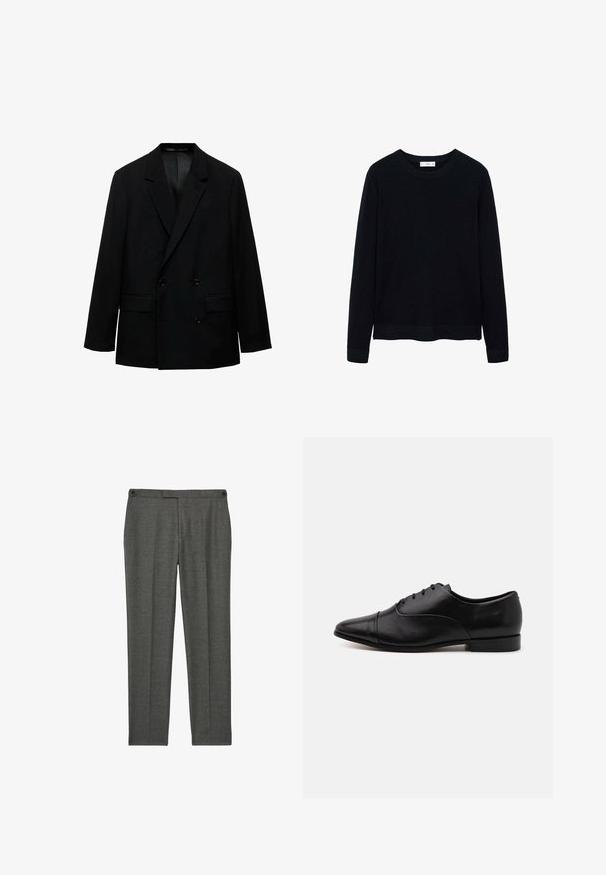 Schwarze, doppelt-knöpfbare Blazerjacke aus glattem Stoff. Mit Reverskragen, zwei vorderen Taschen und Knopfverschluss. Taillierter Schnitt.; Schwarzer, gerippter Pullover mit langen Ärmeln und rundem Halsausschnitt sowie feiner Textur. Geschlossene Bündchen und Saum verstärken das strukturierte Design.; Graue, maßgeschneiderte Hosen aus einem strukturierten Stoff. Sie haben eine flache Vorderseite, zwei Seitentaschen und dezente Nähte.; Schwarze Leder-Formalschuhe mit spitzem Zeh, geschwungenen Akzentnähten, sechs Ösen und einem niedrigen, gestuften Absatz. Insgesamt glatte Textur.