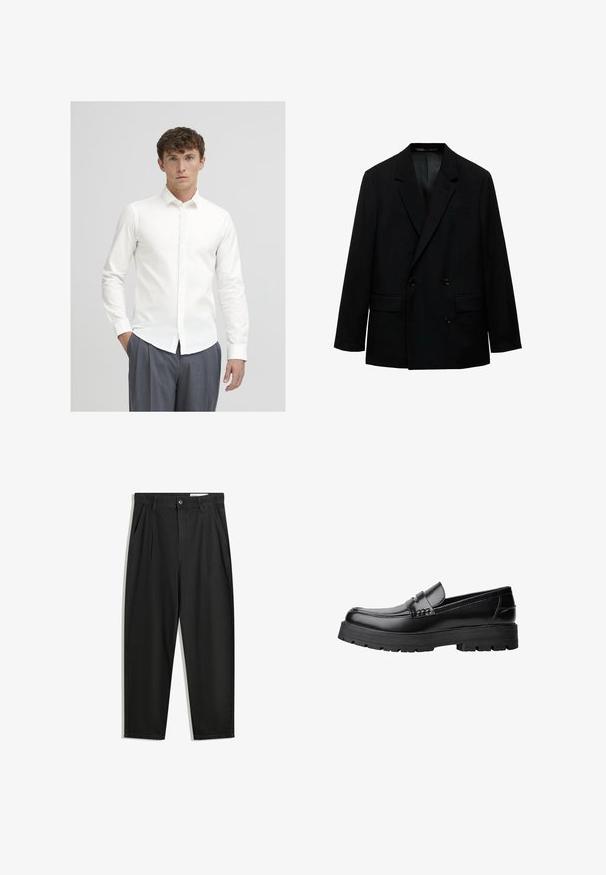 Blazer doppiopetto nero realizzato in tessuto morbido. Presenta rever a filo, due tasche frontali e chiusura con bottoni. Vestibilità sartoriale.; Camicia bianca con bottoni, a maniche lunghe, realizzata in tessuto morbido. Presenta un colletto classico e un taglio slim, abbinata a pantaloni grigi a righe sottili.; Pantaloni in cotone neri con una vestibilità rilassata, dotati di una vita classica, pieghe frontali e tasche laterali. Tessuto liscio senza fantasie.; Mocassino in pelle nera con suola spessa e tassellata e fascia decorativa sulla parte superiore, mostrato in profilo sinistro su sfondo bianco.