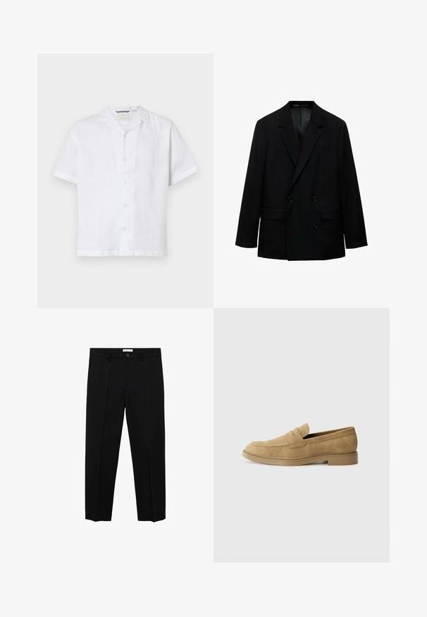 Črn dvoredni blazer, izdelan iz gladkega materiala. Opremljen z obrobnimi reverji, dvema sprednjima žepoma in gumbom za zapiranje. Prilagojen kroj.; Bela kratka majica s kratkimi rokavi iz lahkotnega lanu, z osnovnim ovratnikom in gumbom navzdol spredaj, opremljena z dekorativnimi gumbi.; Črne krojene hlače ravnega kroja z enim gumbom, z zankami za pas in sprednjimi naborki. Narejene iz gladkega materiala.; Svetlo rjavi nubuk loaferji z zaobljenim nosom, nizko blok peto in šivanim detajlom na zgornjem delu. Gladka tekstura in minimalističen dizajn.