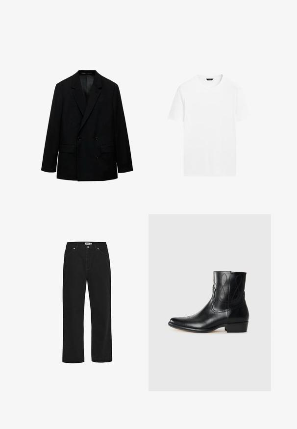 Sort dobbeltbrystet blazer lavet af glat stof. Har klippede reverser, to forlommer og knaplukning. Skræddersyet pasform.; Hvid bomulds t-shirt med rund hals, korte ærmer og lige skæring. Har en glat, let tekstur og ingen synlige mønstre.; Sorte denimjeans med lige pasform, fem-lommer design, kobber hardware detaljer og en robust talje. Glat tekstur, enkel stil.; Sorte læder ankelstøvler med spids tå, dekorativ syning og en lav blokhæl. Glat tekstur med subtile designakcenter.