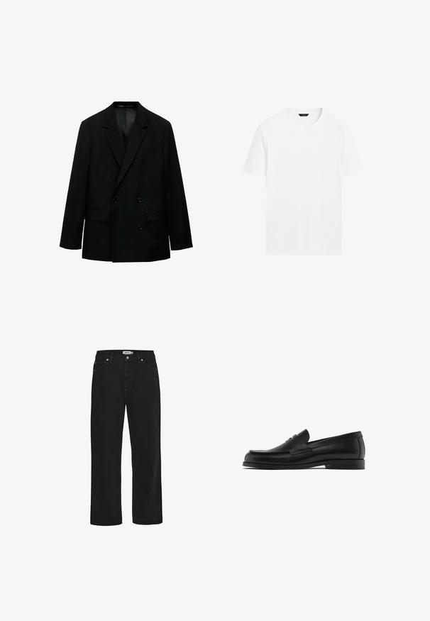 Blazer noir à double boutonnage en tissu lisse. Il dispose de revers crantés, de deux poches avant et d'une fermeture par bouton. Coupe ajustée.; T-shirt en coton blanc avec un col rond, des manches courtes et une coupe droite. Présente une texture lisse et légère, sans motifs visibles.; Jeans en denim noir avec une coupe droite, un design à cinq poches, des accents en métal cuivré et une taille robuste. Texture lisse, style épuré.; Mocassins en cuir noir avec un bout rond, des détails de couture et une sangle en cuir décorative sur le devant ; semelle en caoutchouc plate.