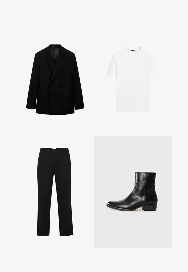 Černý dvouřadý blejzr vyrobený z hladké látky. Obsahuje klopové límce, dvě přední kapsy a zapínání na knoflíky. Přiléhavý střih.; Bílá bavlněná tričko s kulatým výstřihem, krátkými rukávy a rovný střih. Má hladkou, lehkou texturu a žádné viditelné vzory.; Černé kalhoty s rovnými nohavicemi, vyrobené z hladké látky, s knoflíkovým zapínáním a poutky na pásek. Bez viditelných vzorů nebo zvýraznění.; Černá kožená kotníková bota s špičatou špičkou, dekorativním prošíváním a nízkým blokovým podpatkem. Hladká textura se subtílními designovými prvky.