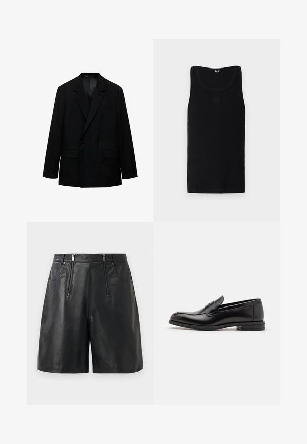 Čierny dvojradový blazer vyrobený z hladkej tkaniny. Obsahuje výstrihy typu notched, dve predné vrecká a zapínanie na gombík. Strih prispôsobený postave.; Čierny tielko vyrobené z bavlny s rebrovanou textúrou, má okrúhly výstrih a malý emblém vyrazený na prednej strane.; Čierne šortky z umelej kože s dvoma prednými vertikálnymi zipsovými vreckami a pútkom na opasok, umiestnené na bielom pozadí.; Čierne kožené mokasíny s hladkou textúrou, zaoblenou špičkou a dekoračným pásikom cez priehlavok. Nízky vrstvený opätok, minimalistický dizajn.