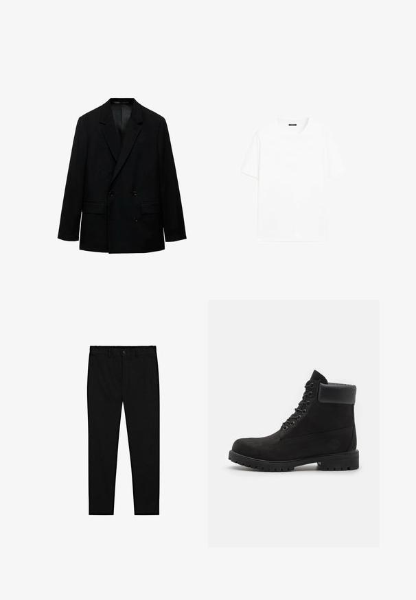 Czarna marynarka dwurzędowa wykonana z gładkiego materiału. Posiada klapy w kształcie notched, dwie przednie kieszenie oraz zapięcie na guziki. Dopasowany krój.; Biały bawełniany t-shirt z krótkimi rękawami, okrągłym dekoltem i prostym krojem. Gładka faktura bez widocznych wzorów czy akcentów.; Czarne spodnie o kroju dopasowanym z zapięciem na guzik, szlufkami na pasek i prostymi, wąskimi nogawkami, prezentowane na białym tle.; Czarne botki na kostkę z wiązaniem, z wyściełanym kołnierzem i solidną podeszwą, pokazane w profilu na białym tle.