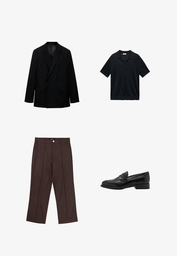 Črn dvoredni blazer, izdelan iz gladkega materiala. Opremljen z obrobnimi reverji, dvema sprednjima žepoma in gumbom za zapiranje. Prilagojen kroj.; Črna polo majica s kratkimi rokavi, ki ima V-izrez, ravni ovratnik in rebrasto teksturo. Material se zdi lahek in gladek.; Rjave hlače s ravnimi nogavicami, s prešitki spredaj, stranskimi žepi, zankami za pas in z blagovno znamko zapiranjem na gumbu v pasu.; Črne usnjene loaferje z vpisanim sprednjim delom in ravnim peto. Gladka tekstura z okroglo konico in dekorativnim pasom čez zgornji del.