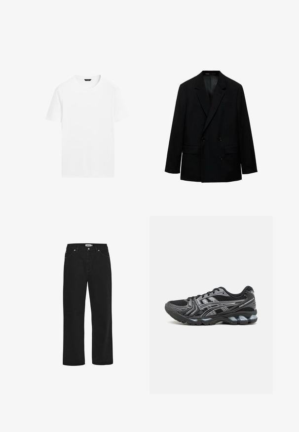 Černý dvouřadý blejzr vyrobený z hladké látky. Obsahuje klopové límce, dvě přední kapsy a zapínání na knoflíky. Přiléhavý střih.; Bílá bavlněná tričko s kulatým výstřihem, krátkými rukávy a rovný střih. Má hladkou, lehkou texturu a žádné viditelné vzory.; Černé džíny z denimu se rovnými nohavicemi, pěti kapsami, měděnými kovovými detaily a pevným pasem. Hladká textura, jednoduchý styl.; Černá sportovní bota s vrchní částí ze síťoviny, stříbrnými akcenty a polstrovanou podrážkou. Obsahuje šněrovací design a texturovaný vzor pro lepší přilnavost.