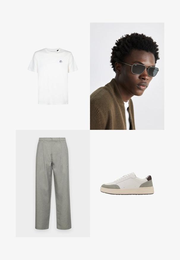 Črn dvoredni blazer, izdelan iz gladkega materiala. Opremljen z obrobnimi reverji, dvema sprednjima žepoma in gumbom za zapiranje. Prilagojen kroj.; Bela bombažna majica s kroženim izrezom in kratkimi rokavi. Ima majhen okrogel logotip na zgornjem levem predelu prsnega koša.; Sive prilagojene hlače iz teksturiranega blaga, s ravnim krojem, sprednjimi gubami in standardnim pasom z zankami za pas.; Bela teniska z sivim semišem in temno rjavimi usnjenimi detajli. Ima sistem vezanja, zaobljen prst, debel bel gumijast podplat in minimalne šive.; Sončna očala s sivim kovinskim okvirjem, aviatorsko obliko in temno obarvanimi lečami. Ustvarjena z ribastim rjavim bombnikom.