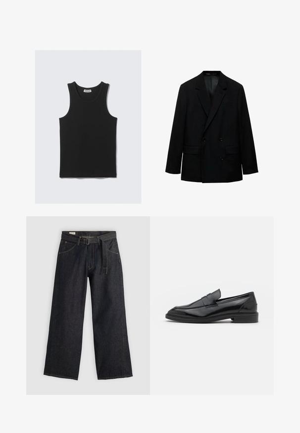 Sort dobbeltbrystet blazer lavet af glat stof. Har klippede reverser, to forlommer og knaplukning. Skræddersyet pasform.; Sort bomulds tanktop med ribbet tekstur, der har en rund udskæring og brede ærmegab. Mærket er synligt ved halsen.; Mørk denim bukser med brede ben og bælte i taljen, som har forlommer og kontrastsytråd. Glat tekstur med et rent design.; Sorte læder loafers med en glat overflade, der har en rund tå og en smal bånd over det øverste. Lav stablet hæl.