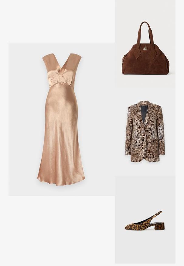 Beebi ja musta leopardimustriga bleiser, millel on kaks nuppu, lõigatud krae ja küljetaskud, valmistatud siledast ja läikivast kangast.; Pikk roosa kuldne kleit, mis on valmistatud läikivast materjalist, sügava V-kaeluse, laiate õlapaelte ja voolava siluetiga. Sile tekstuur.; Naiste leopardimustriga slingback-kingad madala blokkninahaga ja kuldse klambriga külgjah. Kujutatud külgprofiilis lihtsal taustal.; Pruun nahast käekott, millel on struktureeritud kuju, ümar keha ja piklikud rombikujulised käepidemed. Varustatud hõbedase riistvaraga lukuga.