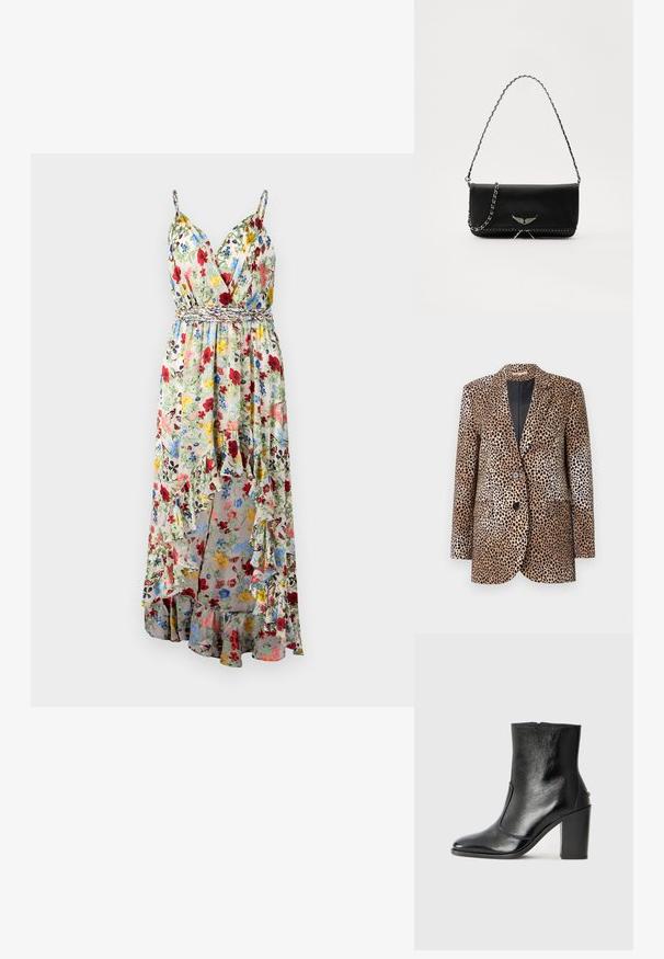 Blazer cu imprimeu de leopard în bej și negru, având două butoane, rever cu margini tăiate și buzunare laterale, realizat dintr-un material neted și lucios.; Alice + Olivia TARA CASCADING RUFFLE MIDI DRESS - Rochie maxi - dollhouse; Botină din piele neagră, cu o textură netedă, vârf ascuțit și toc gros, înalt. Dispune de o deschidere laterală și un design minimalist.; Geantă de mână din piele neagră cu un lanț din argint, având accente decorative în formă de aripi și cusături albe de-a lungul cusăturii de jos.