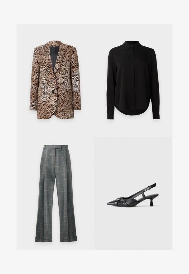 Beige- und schwarze Bluse mit Leopardenmuster, ausgestattet mit zwei Knöpfen, Reverskragen und Seitentaschen. Sie besteht aus einem glatten, glänzenden Stoff.; Schwarze Bluse mit langen Ärmeln, spitzem Kragen, verdeckter Knopfleiste und abgerundetem Saum vor einem schlichten weißen Hintergrund.; Kariertes Hosen mit einer Farbgestaltung in Blau, Grau und Orange, weitem Bein-Design und Bügelfalten; aus einem strukturierten Stoff gefertigt.; Schwarzer Leder-Slingback-Schuh mit spitz zulaufender Zehenpartie, dekorativen Riemen mit METALLÖSEN und niedrigem Blockabsatz. Strukturelle Oberfläche.