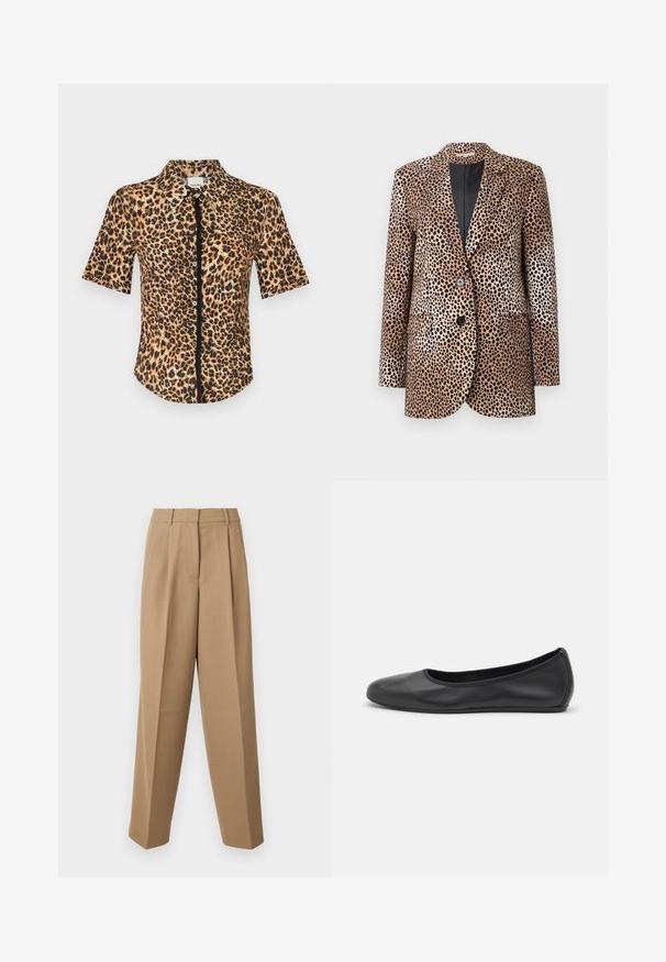 Sako s leopardím vzorem v béžové a černé barvě, s dvěma knoflíky, klopami a bočními kapsami, vyrobené z hladkého, lesklého materiálu.; Košile na knoflíky s krátkým rukávem, s leopardím vzorem v odstínech hnědé a černé. Hladký materiál s klasickým límcem a předním zapínáním.; Bílá tričko s krátkým rukávem vyrobené z žebrované tkaniny. Kulatý výstřih, normální střih a jemné detaily šití. Bez vzorů nebo grafik.; Béžové zakázkové kalhoty s vysokým pasem, na přední straně skladkami a širokým střihem. Tkanina se zdá být hladká s mírným leskem.; Černé kožené baletní byty s kulatou špičkou, hladkou texturou, minimálními švy a flexibilním designem podrážky.