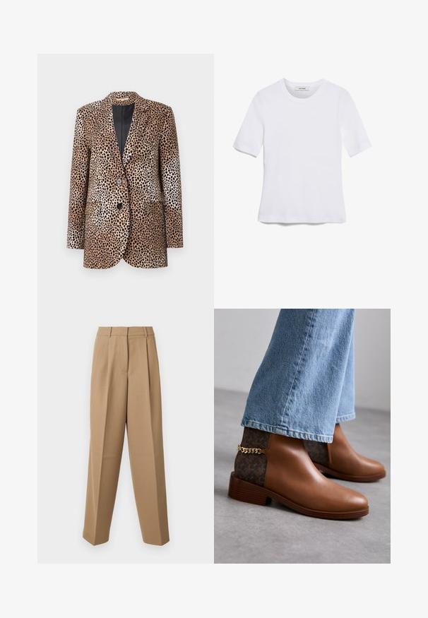 Blazer à motifs léopard en beige et noir, avec deux boutons, revers crantés et poches latérales, fabriqué dans un tissu lisse et brillant.; T-shirt blanc à manches courtes en tissu côtelé. Col rond, coupe régulière et détails de couture subtils. Aucune motif ni graphique.; Pantalons beige ajustés avec une taille haute, une devant plissé et une coupe évasée. Le tissu semble lisse avec un léger éclat.; Bottines en cuir marron avec une finition lisse, présentant un panneau latéral à motifs marron foncé et un accent de chaîne dorée sur le talon.