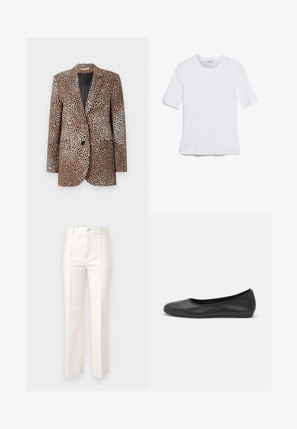 Leopard-print blazer in beige and black, featuring two buttons, notched lapels, and side pockets, made from a smooth, glossy fabric.; White short-sleeve t-shirt made of ribbed fabric. Round neckline, regular fit, and subtle stitching details. No patterns or graphics.; White straight-leg trousers in cotton blend, featuring a smooth texture, two front pleats, and a waistband with a single button closure.; Black leather ballet flat with a rounded toe, smooth texture, minimal stitching detail, and a flexible sole design.