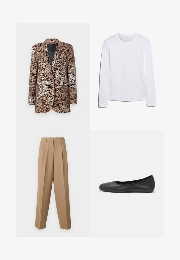 Beige- und schwarze Bluse mit Leopardenmuster, ausgestattet mit zwei Knöpfen, Reverskragen und Seitentaschen. Sie besteht aus einem glatten, glänzenden Stoff.; Langärmliges weißes T-Shirt aus geripptem Baumwollstoff, mit rundem Ausschnitt und geradem Saum. Einfaches Design ohne Muster oder Akzente.; Beige maßgeschneiderte Hose mit hoher Taille, gefaltetem Vorderteil und weitem Bein. Der Stoff wirkt glatt mit einem leichten Glanz.; Schwarze Leder-Ballettschuhe mit abgerundeter Spitze, glatter Textur, minimalen Nähdetails und einem flexiblen Sohlen-Design.