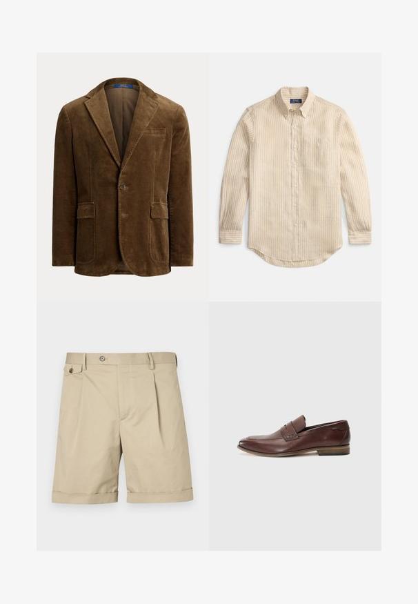 Brown corduroy blazer featuring a notched lapel, single button closure, front patch pockets, and textural ribbed fabric.; Beige long-sleeve button-up shirt with white vertical stripes, button-down collar, chest pocket, and "Polo Ralph Lauren" label inside collar.; Beige shorts made of cotton blend, featuring front pleats, a button closure, and rolled cuffs for added design detail.; Brown leather loafer with a textured light gray fabric panel, rounded toe, and a small heel; features subtle stitching and a decorative strap.