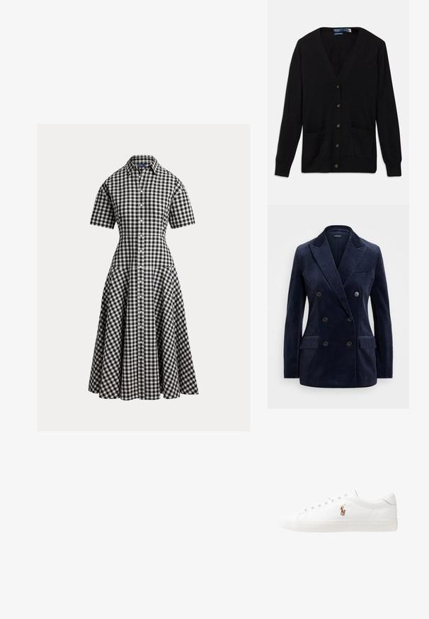 Blazer dublu din corduroy bleumarin, cu rever tăiat, două buzunare frontale, patru butoane și un design elegant, structurat.; Cardigan negru cu gât în V, mâneci lungi, nasturi pe față și două buzunare frontale. Textură moale și un design clasic.; Rochie în carouri alb-negru cu mâneci scurte, corset strâmt și fustă evazată. Prezintă nasturi în față și guler clasic.; Adidași din piele albă, design de tip low-top, cu o textură netedă, vârf rotund, față șiretată și un mic logo brodat pe lateral.; Geantă de piele neagră în formă de jumătate de lună. Dispune de un accent din metal auriu și o curea îngustă. Textură netedă, închidere cu fermoar în partea de sus.