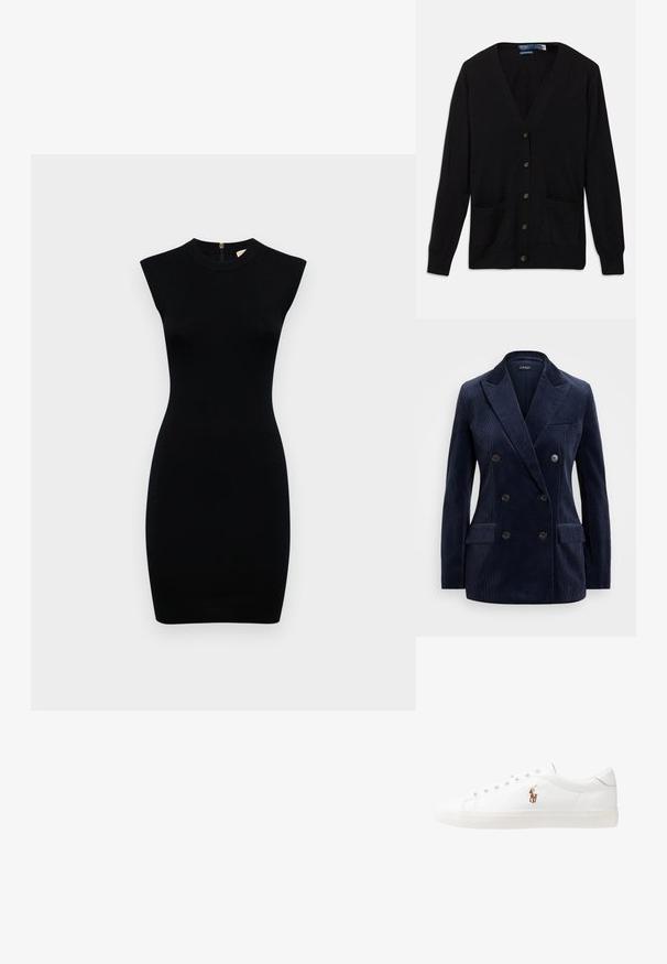Blazer de terciopelo de algodón azul marino de corte cruzado con solapas de muesca, dos bolsillos frontales, cuatro botones y un diseño elegante y estructurado.; Cárdigan negro con escote en V, mangas largas, botones en la parte delantera y dos bolsillos frontales. Textura suave y un diseño de ajuste clásico.; Vestido negro sin mangas con un escote alto, silueta ajustada y textura suave; cuenta con una cremallera en la parte posterior para el cierre.; Zapatillas de cuero blancas, diseño de corte bajo, con una textura suave, puntera redonda, cordones en la parte delantera y un pequeño logo bordado en el lateral.; Bolso de cuero negro en forma de media luna. Presenta un acento de hardware dorado y una correa estrecha. Textura suave, cierre de cremallera en la parte superior.