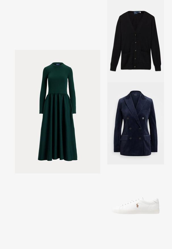 Blazer dublu din corduroy bleumarin, cu rever tăiat, două buzunare frontale, patru butoane și un design elegant, structurat.; Cardigan negru cu gât în V, mâneci lungi, nasturi pe față și două buzunare frontale. Textură moale și un design clasic.; Rochie verde închis cu mâneci lungi, realizată dintr-un material fin, având un corset mulat și o fustă evazată, adunată. Decolteu rotund.; Adidași din piele albă, design de tip low-top, cu o textură netedă, vârf rotund, față șiretată și un mic logo brodat pe lateral.; Geantă de piele neagră în formă de jumătate de lună. Dispune de un accent din metal auriu și o curea îngustă. Textură netedă, închidere cu fermoar în partea de sus.