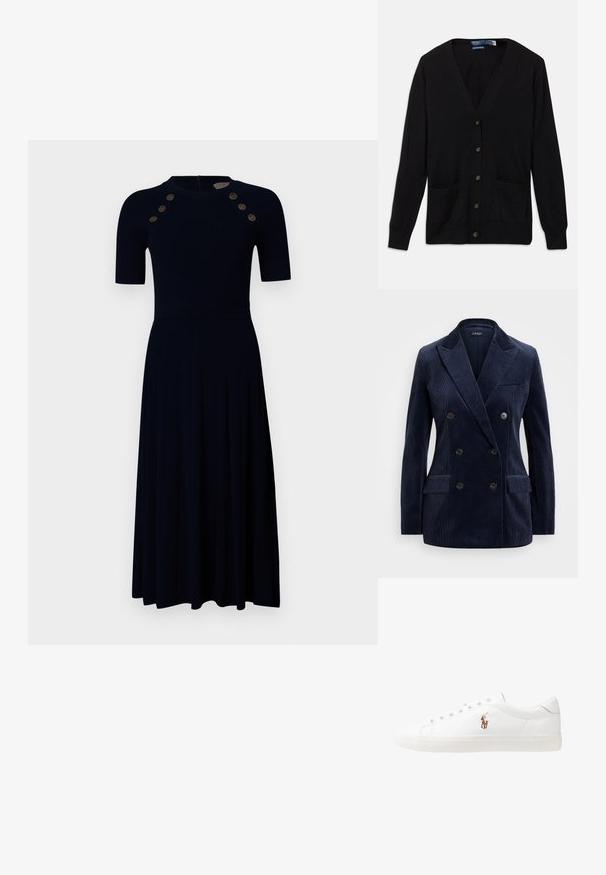 Navy Cordflügel-Blazer mit doppelter Knopfleiste, paspelierten Revers, zwei Fronttaschen, vier Knöpfen und einem schlanken, strukturierten Design.; Schwarzer Cardigan mit V-Ausschnitt, langen Ärmeln, Knöpfen an der Vorderseite und zwei vorderen Taschen. Sanfte Textur und klassisches Fit-Design.; Gestreiftes navyblaues Kleid mit kurzen Ärmeln, tailliertem Oberteil, schwingendem Rock und sechs goldenen Knopfakzenten an den Schultern. Reißverschlussverschluss hinten.; Weiße Leder-Sneaker, niedrig geschnitten, mit glatter Textur, runder Zehenpartie, Schnür vorne und kleinem gesticktem Logo an der Seite.; Schwarze Lederhandtasche in Halbmondform. Verfügt über eine goldene Hardware-Akzentuierung und einen schmalen Tragegurt. Sanfte Textur, Reißverschlussverschluss an der Oberseite.