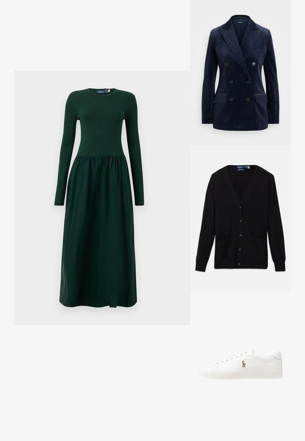 Ναυτικό βελούδινο διπλόχρωμο σακάκι με κομμένα πέτα, δύο μπροστινές τσέπες, τέσσερα κουμπιά και κομψό, δομημένο σχέδιο.; Μαύρο ζακέτα με v-λαιμόκοψη, μακριά μανίκια, κουμπιά μπροστά και δύο μπροστινές τσέπες. Μαλακή υφή και κλασικό σχέδιο εφαρμογής.; Μακρυμάνικο, σκούρο πράσινο φόρεμα με εφαρμοστό κορσέ και ρο流άτη, πτυχωτή φούστα. Φτιαγμένο από μαλακό ύφασμα με στρογγυλή λαιμόκοψη και μήκος μέχρι τον αστράγαλο.; Λευκά δερμάτινα sneakers, χαμηλού σχεδιασμού, με απαλή υφή, στρογγυλή μύτη, δέσιμο μπροστά και μικρό κεντημένο λογότυπο στο πλάι.; Μαύρη δερμάτινη τσάντα χειρός σε σχήμα μισού φεγγαριού. Διαθέτει χρυσή μεταλλική λεπτομέρεια και στενό λουρί. Απαλή υφή, κλείσιμο με φερμουάρ στην κορυφή.