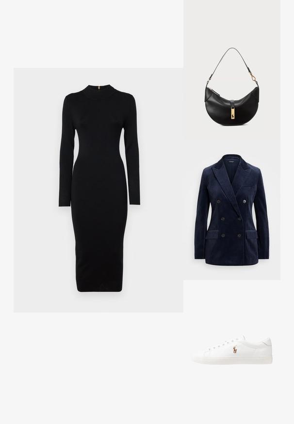 Blazer dublu din corduroy bleumarin, cu rever tăiat, două buzunare frontale, patru butoane și un design elegant, structurat.; Rochie neagră ajustată, cu mâneci lungi, guler înalt, textură ribbată și o siluetă de lungime medie. Dispune de un fermoar pe spate cu detalii din aur.; Adidași din piele albă, design de tip low-top, cu o textură netedă, vârf rotund, față șiretată și un mic logo brodat pe lateral.; Geantă de piele neagră în formă de jumătate de lună. Dispune de un accent din metal auriu și o curea îngustă. Textură netedă, închidere cu fermoar în partea de sus.