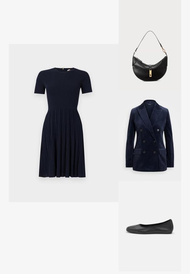 Blazer dublu din corduroy bleumarin, cu rever tăiat, două buzunare frontale, patru butoane și un design elegant, structurat.; Rochie bleumarin cu model în dungi, cu guler rotund și mâneci scurte. Fustă evazată cu pliuri verticale. Închidere cu fermoar la spate. Textură moale.; Balerini din piele neagră, cu vârf rotund, textură netedă, detalii de cusătură minimale și un design al tălpii flexibil.; Geantă de piele neagră în formă de jumătate de lună. Dispune de un accent din metal auriu și o curea îngustă. Textură netedă, închidere cu fermoar în partea de sus.