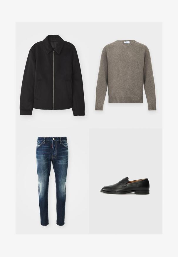 Black jacket with a zip closure, tailored design, a rounded collar, and slit pockets. Made from a smooth, textured fabric.; Gray knitted sweater, round neck, ribbed cuffs and hem, soft texture, made from wool blend, minimalistic design with label visible at neckline.; Dark blue denim jeans with a slim fit, featuring faded areas on the thighs and knees, five pockets, and a metal button closure.; Black leather loafer with a rounded toe, subtle stitched detailing, and a low heel, featuring a smooth texture and minimalist design.