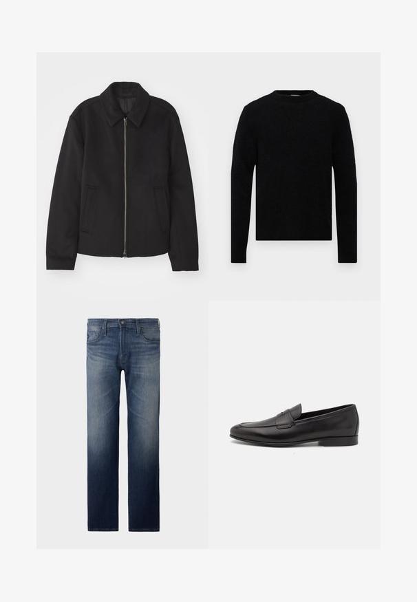 Črna jakna z zadrgo, prilagojena zasnova, okrogla ovratnica in žepi z rezi. Narejena iz gladke, teksturirane tkanine.; Filippa K SWEATER - Pulover - black; Ravne hlače v temno modrem pranju. Imajo pet žepov, zadrgo in gumb za zapiranje. Malce zbledel videz na stegnu. Denimska tkanina.; Moški črni usnjeni loafer s nizkim peto in klasičnim penny trakom, prikazan v bočnem profilu na belem ozadju.