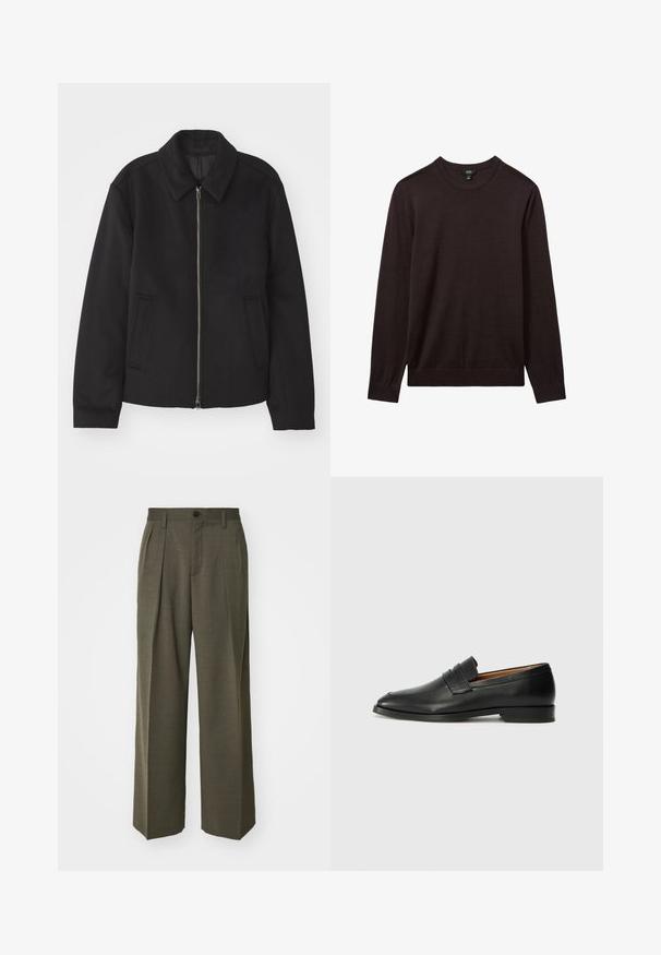 Schwarze Jacke mit Reißverschluss, tailliertem Schnitt, rundem Kragen und Schlitztaschen. Hergestellt aus einem glatten, strukturierten Stoff.; Reiss Strickpullover - dark bordeaux; Filippa K WIDE TROUSERS - Stoffhose - driftwood; Schwarze Leder-Slipper mit runder Zehenform, dezenten gestickten Details und niedrigem Absatz, ausgestattet mit glatter Textur und minimalistischem Design.