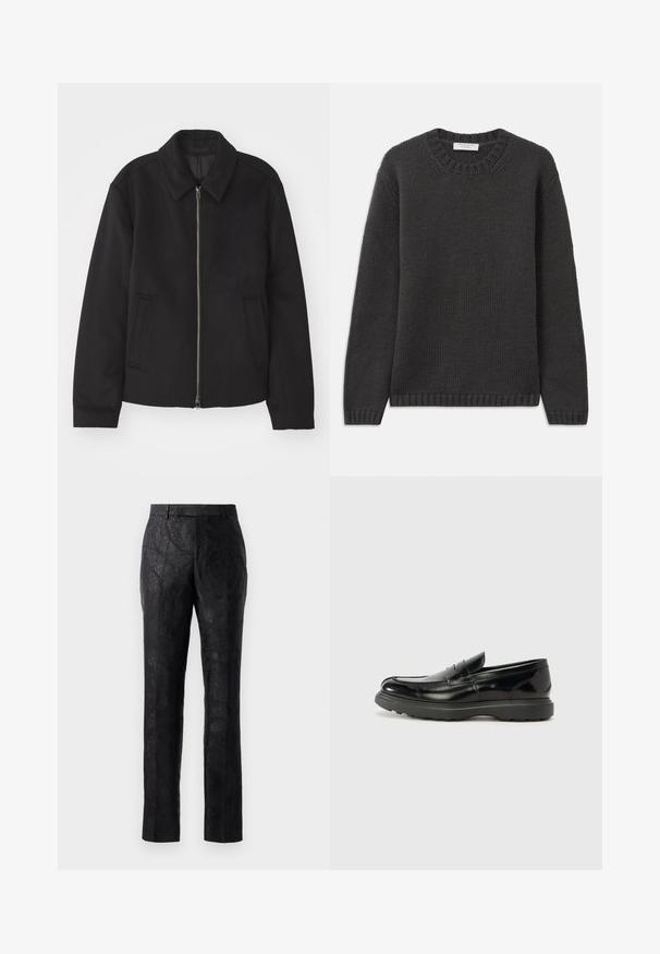 Juodas švarkas su užtrauktuku, pritaikyta forma, apvaliu apykakle ir kišenėmis su plyšiu. Pagamintas iš lygios, tekstūruotos medžiagos.; Tamsiai pilkos spalvos megztinis su apvalia kaklo iškirpte, prašmatniais rankogaliais ir apatine dalimi. Audinys turi tekstūruotą išvaizdą ir yra įprasto kirpimo.; Juodi kelnių su subtiliu gėlių žakardo raštu, tiesaus kirpimo ir lygaus paviršiaus. Savybės: klasikinė juosmens linija ir pritaikytas siluetas.; Juodas odinis loaferis su blizgiu paviršiumi, apvaliu pirštu, subtiliais siūlių detalėmis ir storu guminio pado, užtikrinančio ilgaamžiškumą.