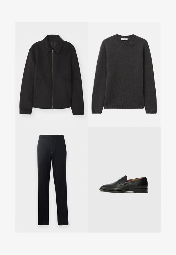Must mustriga, mis on varustatud lukuga, kohandatud disaini, ümarate kaeluste ja lõhesalongidega taskudega. Valmistatud siledast, tekstuurilisest kangast.; Tumedat hallid kootud sviitrid ümarate kaeluste, soonikute mansettide ja ääristega. Kanga tekstuur on korrapärane ning sobib regulaarsele lõikele.; Mustad püksid sirge lõikega, sileda tekstuuri ja tasase vöökohaga, sobivad formaalseks või igapäevaseks kandmiseks.; Must musta loafers ümarate varvastega, peene tikandiga ja madala kontsaga, millel on sile tekstuur ja minimalistlik disain.