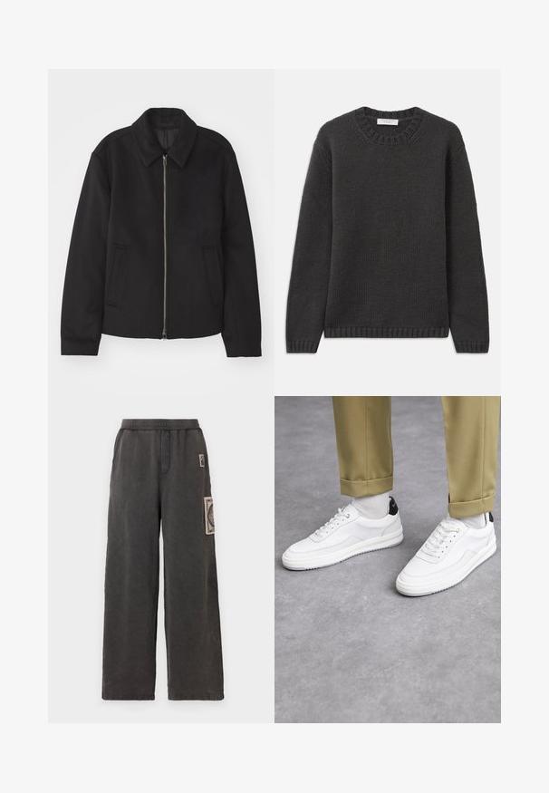 Schwarze Jacke mit Reißverschluss, tailliertem Schnitt, rundem Kragen und Schlitztaschen. Hergestellt aus einem glatten, strukturierten Stoff.; Dunkelgrauer Strickpullover mit Rundhalsausschnitt, gerippten Bündchen und Saum. Der Stoff hat ein strukturiertes Erscheinungsbild und eine reguläre Passform.; Weite Hosen aus dunkelgrauem Stoff, mit einem dekorativen Aufnäher auf der vorderen Tasche und einem elastischen Bund für mehr Komfort.; Weiße Sneakers mit einer strukturierten Lederoberfläche, abgerundeter Zehenpartie und schwarzem Fersenakzent. Gummisohle mit kleinem Profilmuster und genähten Details.