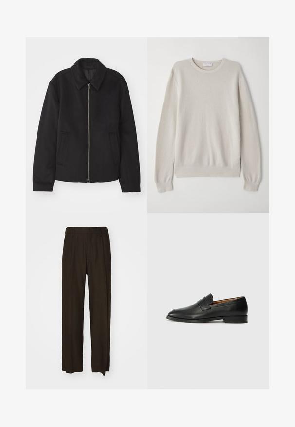 Musta takki vetoketjukiinnityksellä, muotoiltu design, pyöreä kaulus ja viilto-taskut. Valmistettu sileästä, tekstuuripinnoitteisesta kankaasta.; Vaaleanbeige neulepaita pehmeästä kankaasta. Pyöreä pääntie, pitkät hihat, ribbaus hihoissa ja helmassa sekä hienovarainen tekstuuritieto.; Ruskeat, leveälahkeiset housut teksturoidusta kankaasta, joissa on korkeampi vyötärö ja etupliesit. Suorat lahkeet siisteillä, viilatuilla reunoilla.; Musta nahkainen loafer, jossa on pyöreä kärki, hienovarainen ommelkoristelu ja matala korko, joka on varustettu sileällä pinnalla ja minimalistisella designilla.